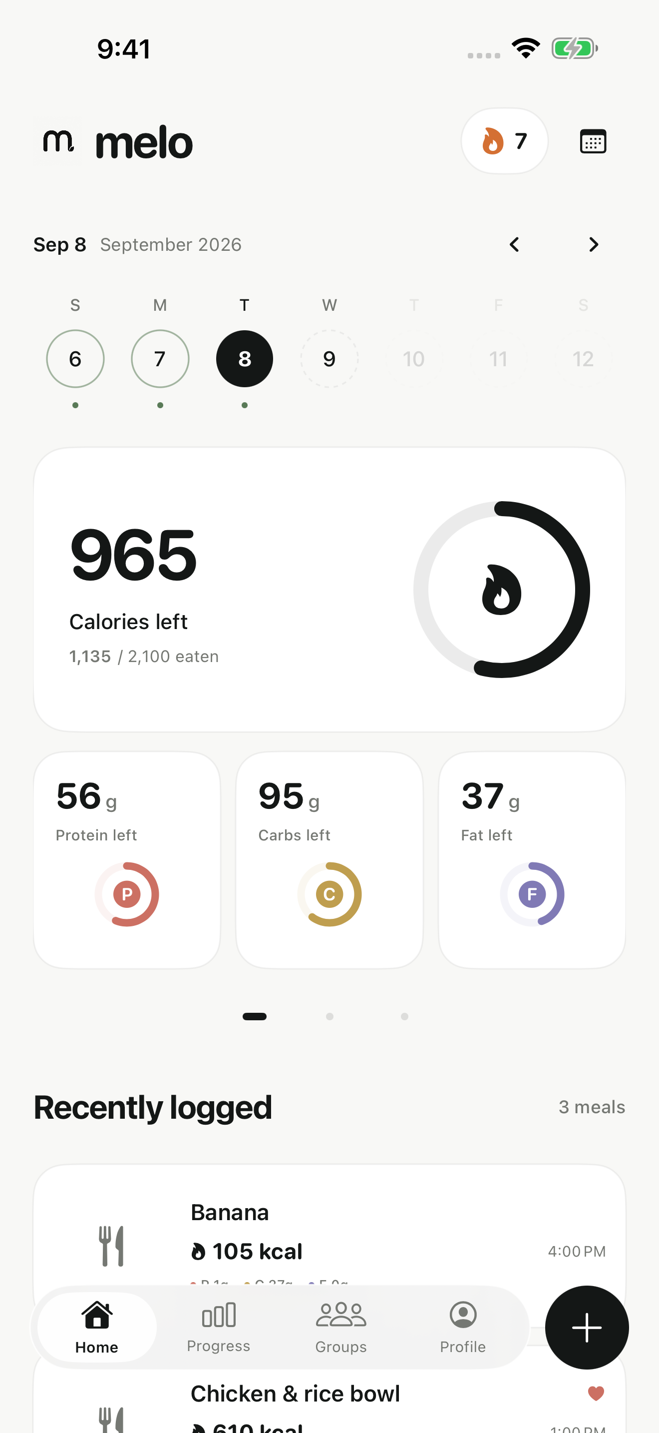 Melo's daily diary with calories, protein, carbs, fat and logged meals.
